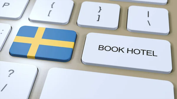 Book hotel in Sweden with website online. Button on computer keyboard. Travel concept 3D animation. Book hotel text and national flag. 3D illustration.