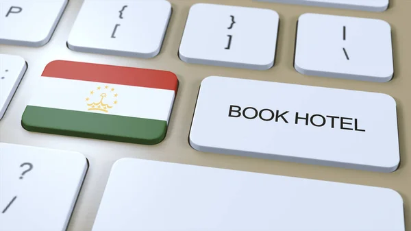 stock image Book hotel in Tajiksitan with website online. Button on computer keyboard. Travel concept 3D animation. Book hotel text and national flag. 3D illustration.