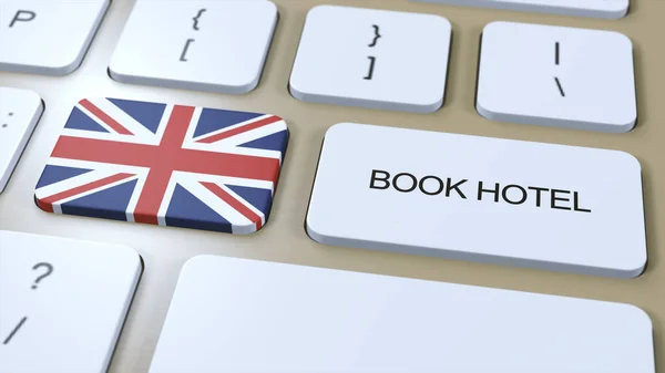 Book hotel in UK United Kingdom with website online. Button on computer keyboard. Travel concept 3D animation. Book hotel text and national flag. 3D illustration.