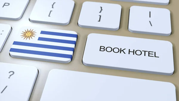 Book hotel in Uruguay with website online. Button on computer keyboard. Travel concept 3D animation. Book hotel text and national flag. 3D illustration.