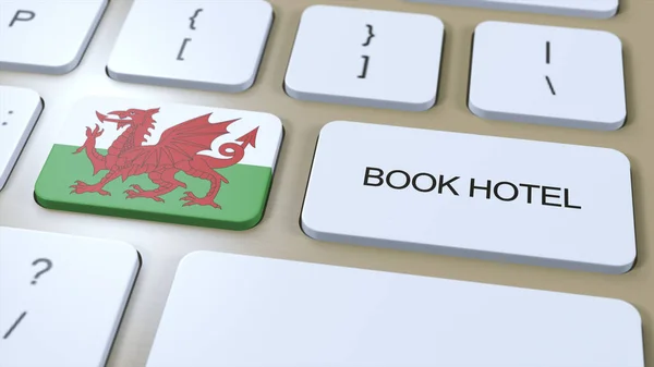 Boka Hotell Wales Med Hemsida Online Knapp Datorns Tangentbord Resekoncept — Stockfoto