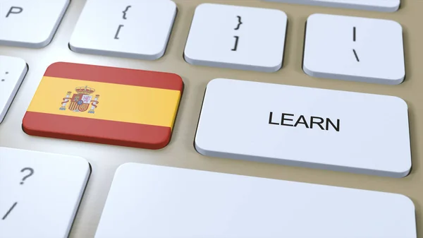 Learn Spanish Language Concept. Online Study Courses. Button with Text on Keyboard. 3D Illustration.