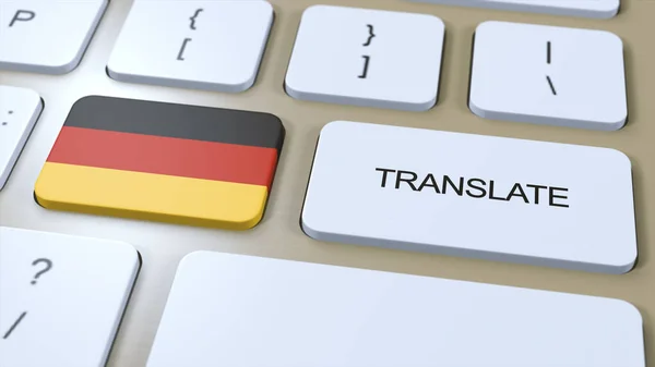 Oversett Det Tyske Språkbegrepet Oversettelse Ordet Knappe Med Tekst Tastatur stockbilde
