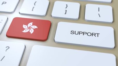 Hong Kong Destek Konsepti. Düğmeye bas animasyonu. Ulusal Bayrak ile Ülke veya Hükümete Destek