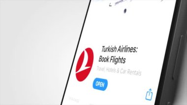 New York, ABD - 1 Mayıs 2023: Türk Hava Yolları Logosu Telefon Ekran Animasyonu, İllüstrasyon Editörü.