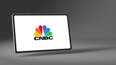 New York, ABD - 1 Mayıs 2023: Tablet Ekran Animasyonu CNBC Logosu, İllüstrasyon Editörü.