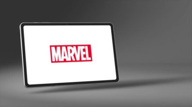 New York, ABD - 1 Mayıs 2023: Tablet Ekran Animasyonu Marvel Logosu, İllüstrasyon Editörü.
