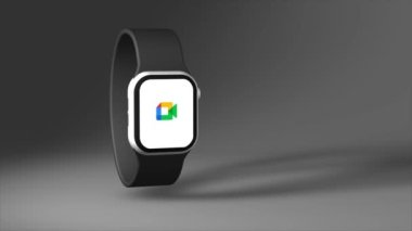 New York, ABD - 1 Mayıs 2023: Google Meet Logo on Smart Watch Screen Animation, Illustrative Editorial.