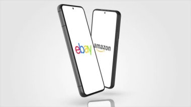 New York, ABD - 1 Mayıs 2023: Ebay ve Amazon uygulama Logosu Telefon Ekran Animasyonu, İllüstrasyon Editörü.
