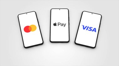 New York, ABD - 1 Mayıs 2023: Apple Pay, MasterCard and Visa uygulaması Logo on Phone Screen Illustration, Illustrative Editorial.