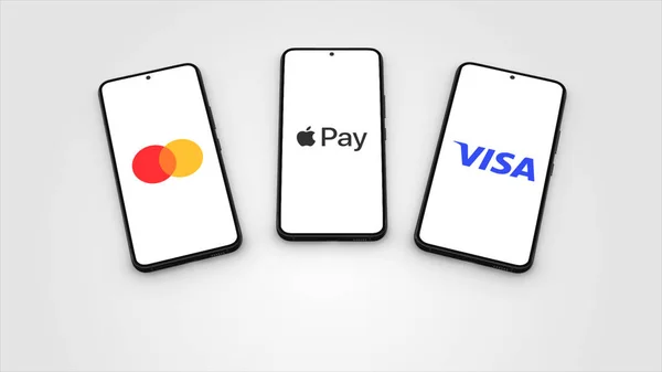 New York Usa May 2023 Apple Pay Mastercard Visa App 스톡 사진