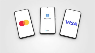New York, ABD - 1 Mayıs 2023: AliPay, MasterCard ve Visa uygulama Logosu Telefon Ekran Animasyonu, İllüstrasyon Editörü.