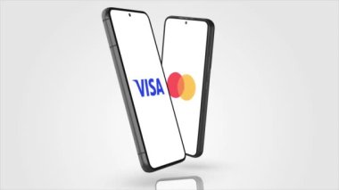 New York, ABD - 1 Mayıs 2023: Vize ve MasterCard uygulaması Logosu Telefon Ekran Animasyonu, İllüstrasyon Editörü.
