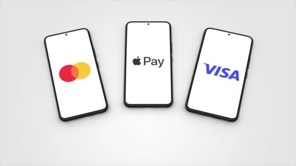 美国纽约 2023年5月1日 Apple Pay Mastercard Visa App Logo Phone Screen — 图库视频影像