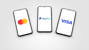 New York, ABD - 1 Mayıs 2023: PayPal, MasterCard ve Visa uygulaması Logo on Phone Screen Illustration, Illustrative Editorial.