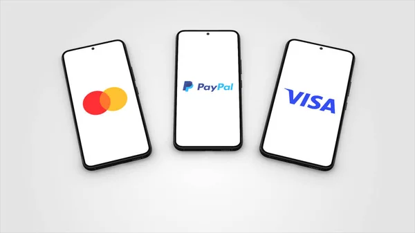 New York Mei 2023 Paypal Mastercard Visa App Logo Phone Rechtenvrije Stockafbeeldingen