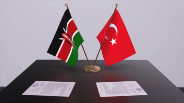 Kenya ve Türkiye siyasi toplantıda bayrak sallıyor. İş anlaşması 3D illüstrasyon.