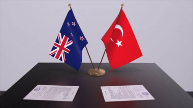 New Zealand and Turkey flags at politics meeting. Business deal 3D illustration.