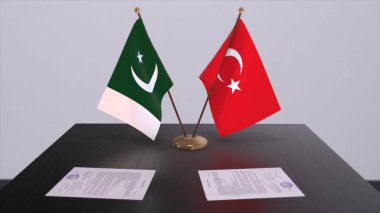 Pakistan ve Türkiye siyasi toplantıda bayrak sallıyor. İş anlaşması 3D illüstrasyon.