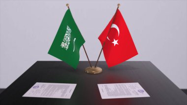 Saudi Arabia and Turkey flags at politics meeting. Business deal 3D illustration.