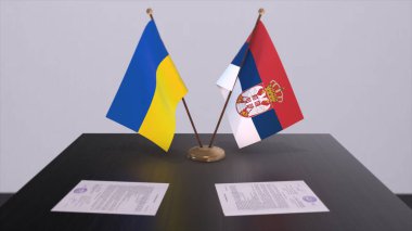 Serbia and Ukraine flags on politics meeting 3D illustration.