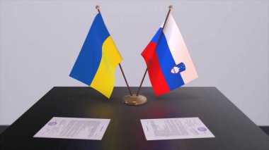 Slovenia and Ukraine flags on politics meeting 3D illustration.