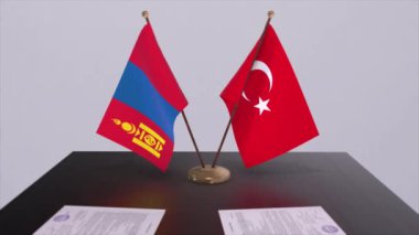 Moğolistan ve Türkiye siyasi toplantıda bayrak sallıyor. İş anlaşması animasyonu.