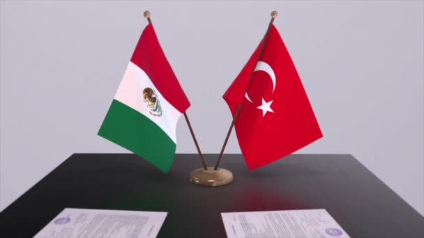 Mexico Turkey Flags Politics Meeting Business Deal Animation — Stock Video