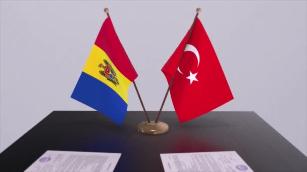 摩尔多瓦和土耳其在政治会议上高举国旗 商业交易动画 — 图库视频影像