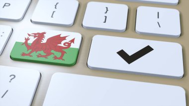 Galler Ulusal Bayrak ve Çek İşareti veya Evet Düğmesi 3D Görüntü.