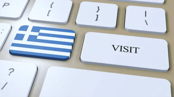 stock image Greece National Flag and Text Visit on Button. Visit Country 3D Illustration.