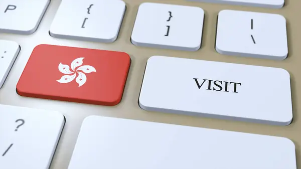 stock image Hong Kong National Flag and Text Visit on Button. Visit Country 3D Illustration.