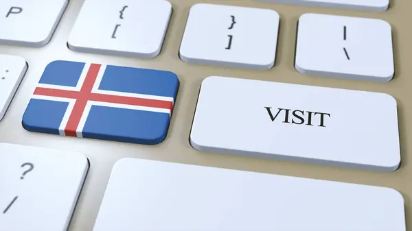 stock image Iceland National Flag and Text Visit on Button. Visit Country 3D Illustration.