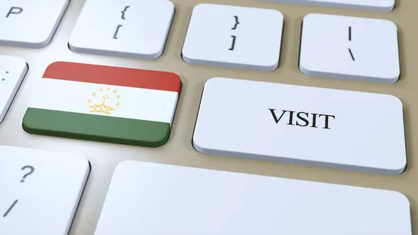 stock image Tajikistan National Flag and Text Visit on Button. Visit Country 3D Illustration.