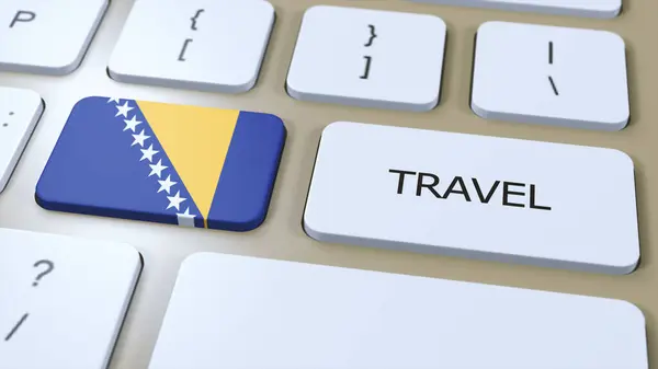 stock image Bosnia and Herzegovina National Flag and Text Travel on Button. Travel to Country 3D Illustration.