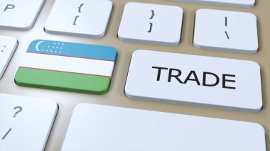 Özbekistan Ülke Bayrak ve Ticaret Metni Düğme 3D Görüntü Üzerine.