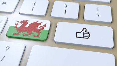 Galler Bayrağı ve Evet ya da Başparmaklar Yukarı Düğmesi. 3B Görüntü.