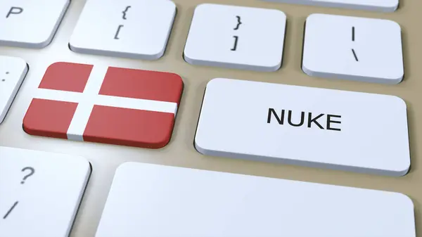 stock image Denmark National Flag and Text Nuke. Country Using Nuclear Weapon Concept 3D Illustration.