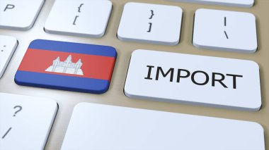 Kamboçya İthalat 3D Resim. Ülke Bayrağı ve Düğmesi.