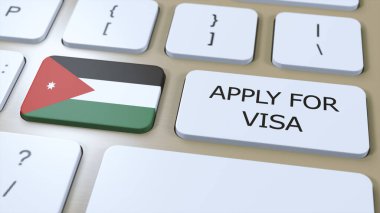 Jordan, Visa Konsepti için başvuru yap. Düğmeye bas 3 boyutlu resim. Ulusal Bayrak ile Ülke veya Hükümet için Vize Başvurusu.