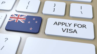 Yeni Zelanda, Visa Konseptine Başvur. Düğmeye bas 3 boyutlu resim. Ulusal Bayrak ile Ülke veya Hükümet için Vize Başvurusu.