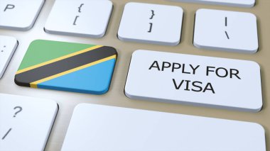 Tanzanya, Visa Konseptine Başvur. Düğmeye bas 3 boyutlu resim. Ulusal Bayrak ile Ülke veya Hükümet için Vize Başvurusu.