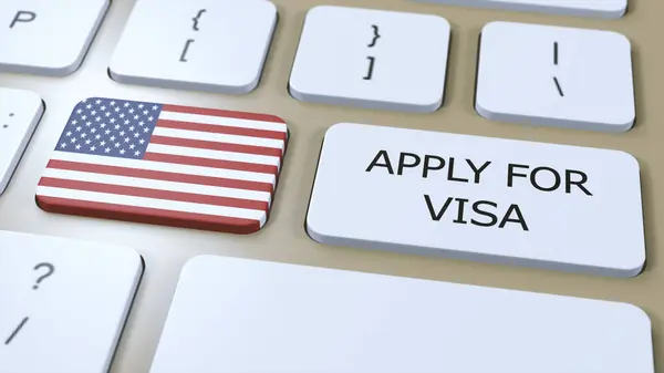 stock image USA United States, Apply for Visa Concept. Button Push 3D Illustration. Visa Apply for Country or Government with National Flag.