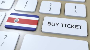 Kosta Rika Ulusal Bayrağı ve Text Buy Ticket ile Button. Seyahat Konsepti.