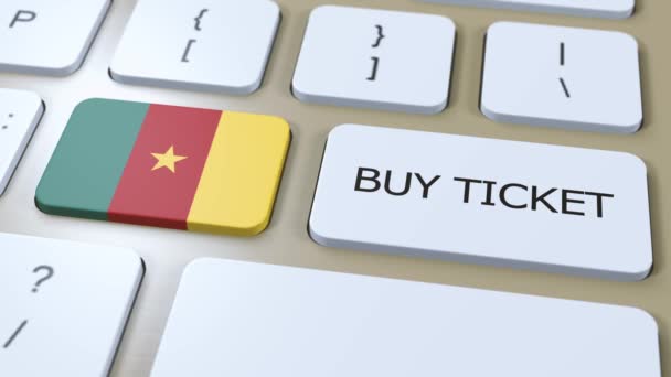 Καμερούν Εθνική Σημαία Και Κουμπί Κείμενο Αγορά Εισιτηρίων Έννοια Ταξιδιού — Αρχείο Βίντεο
