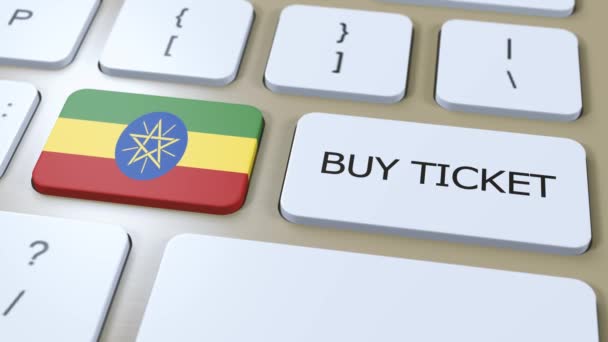 Αιθιοπία Εθνική Σημαία Και Κουμπί Κείμενο Αγορά Εισιτηρίων Έννοια Ταξιδιού — Αρχείο Βίντεο
