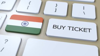 Text Buy Ticket ile Hindistan Ulusal Bayrağı ve Düğmesi. Seyahat Konsepti.