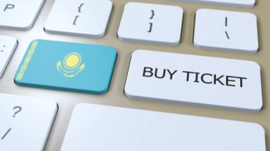 Kazakistan Ulusal Bayrağı ve Text Buy Ticket Biletli Button. Seyahat Konsepti.