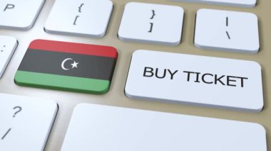 Metin Satın Alma Biletli Libya Ulusal Bayrağı ve Düğmesi. Seyahat Konsepti.