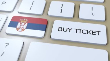 Sırbistan Ulusal Bayrağı ve Düğmesi Metin Satın Alma Biletiyle. Seyahat Konsepti.